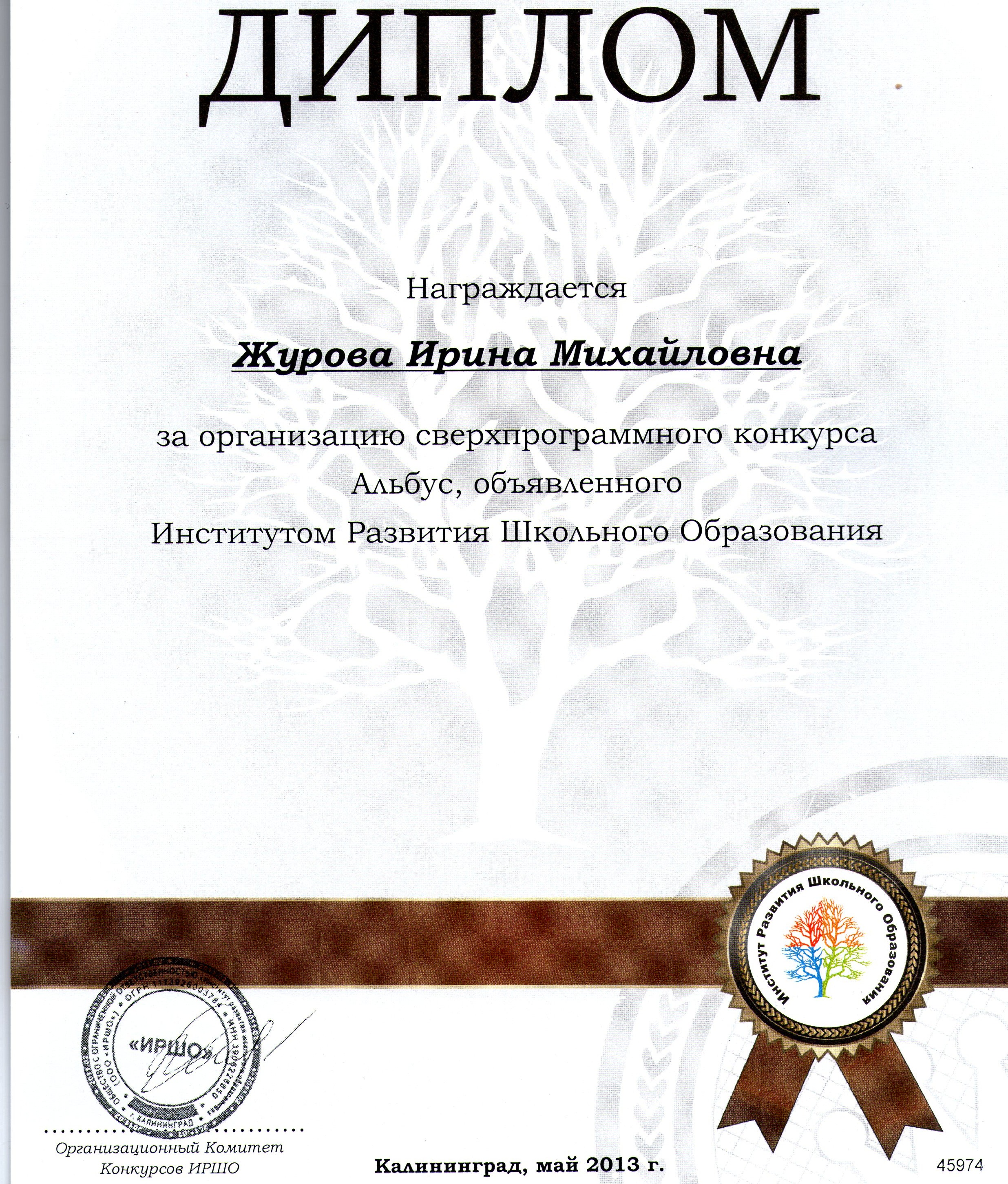 диплом за организацию сверхпрограммного конкурса "Альбус"